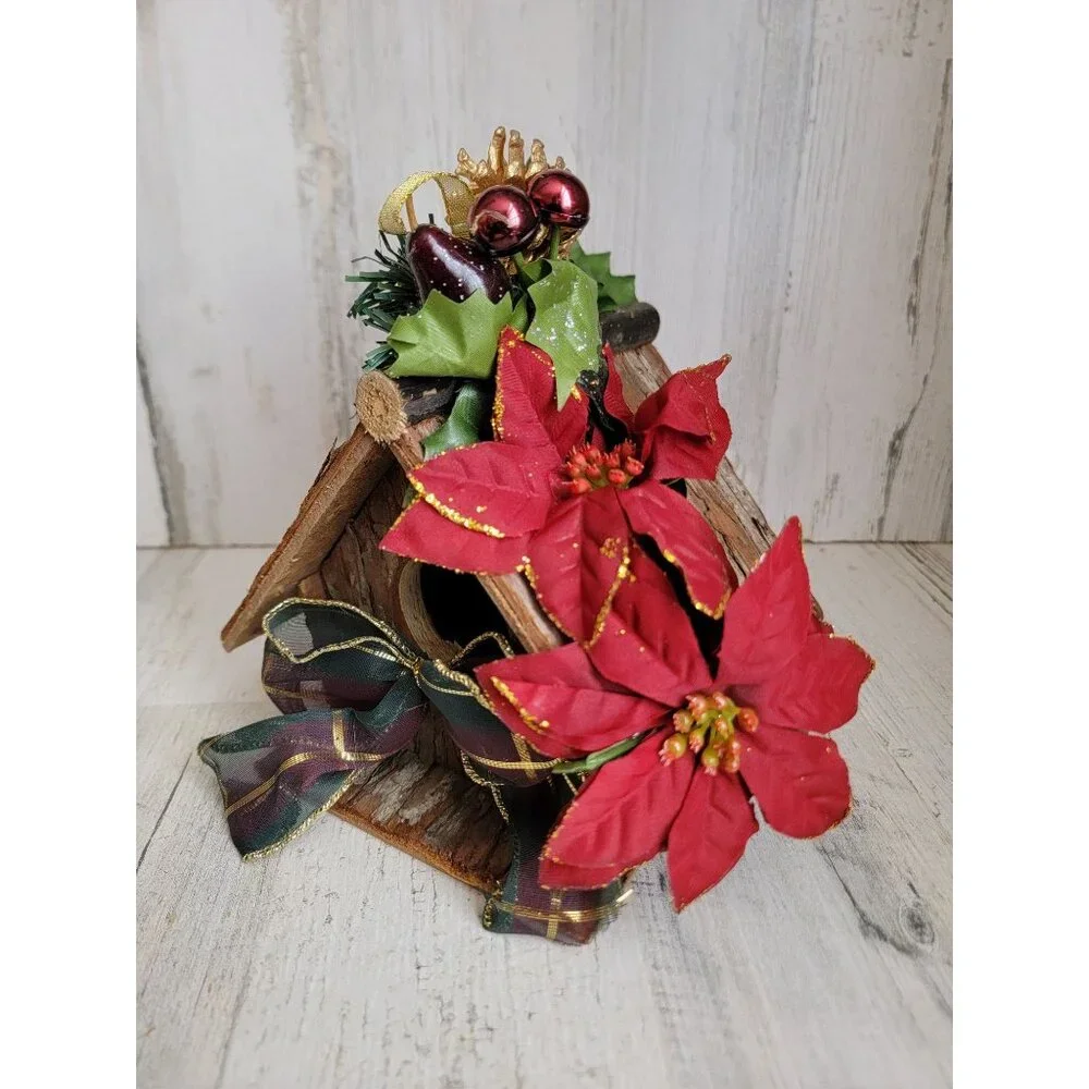Wooden Birdhouse ponsieta bow holiday xmas decor home‎